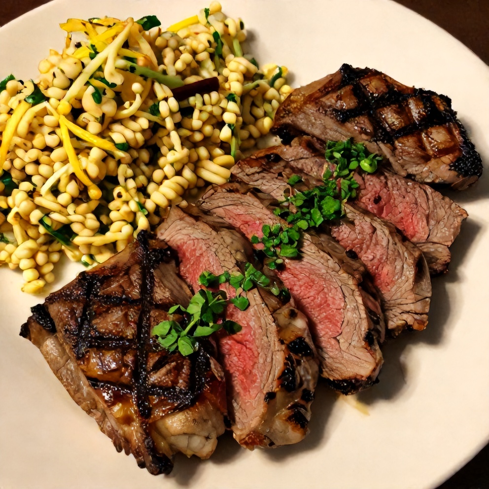 Plated Grilled Skirt Steak with Lemon Herb Couscous Salad