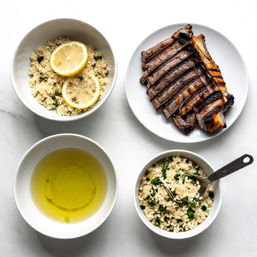 Raw ingredients for Grilled Skirt Steak with Lemon Herb Couscous Salad