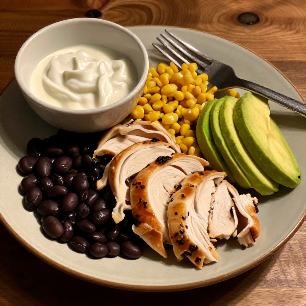 Plated healthy chicken burrito bowl