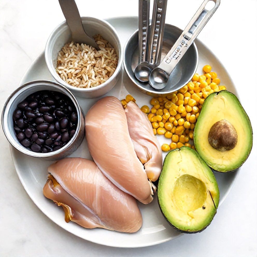 Raw ingredients for healthy chicken burrito bowl