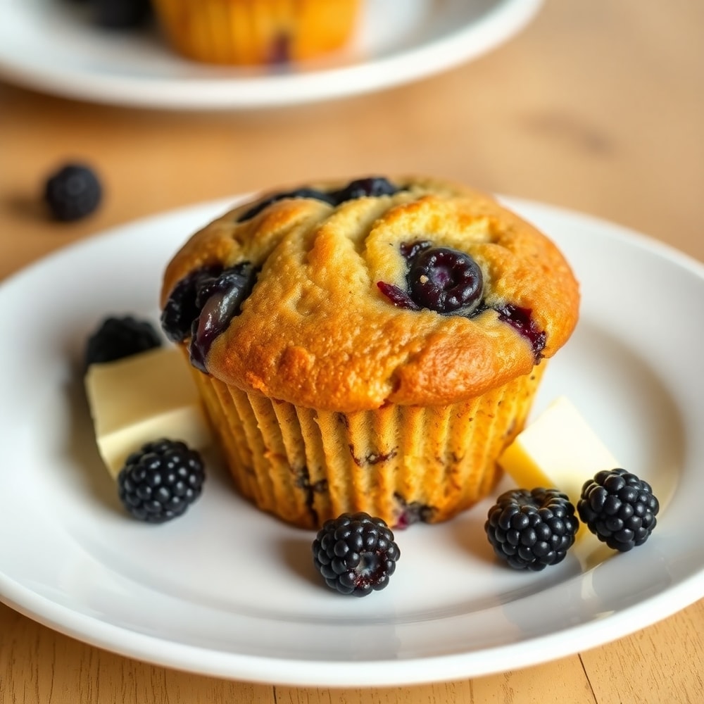 Plated homemade blackberry muffin with a pat of butter