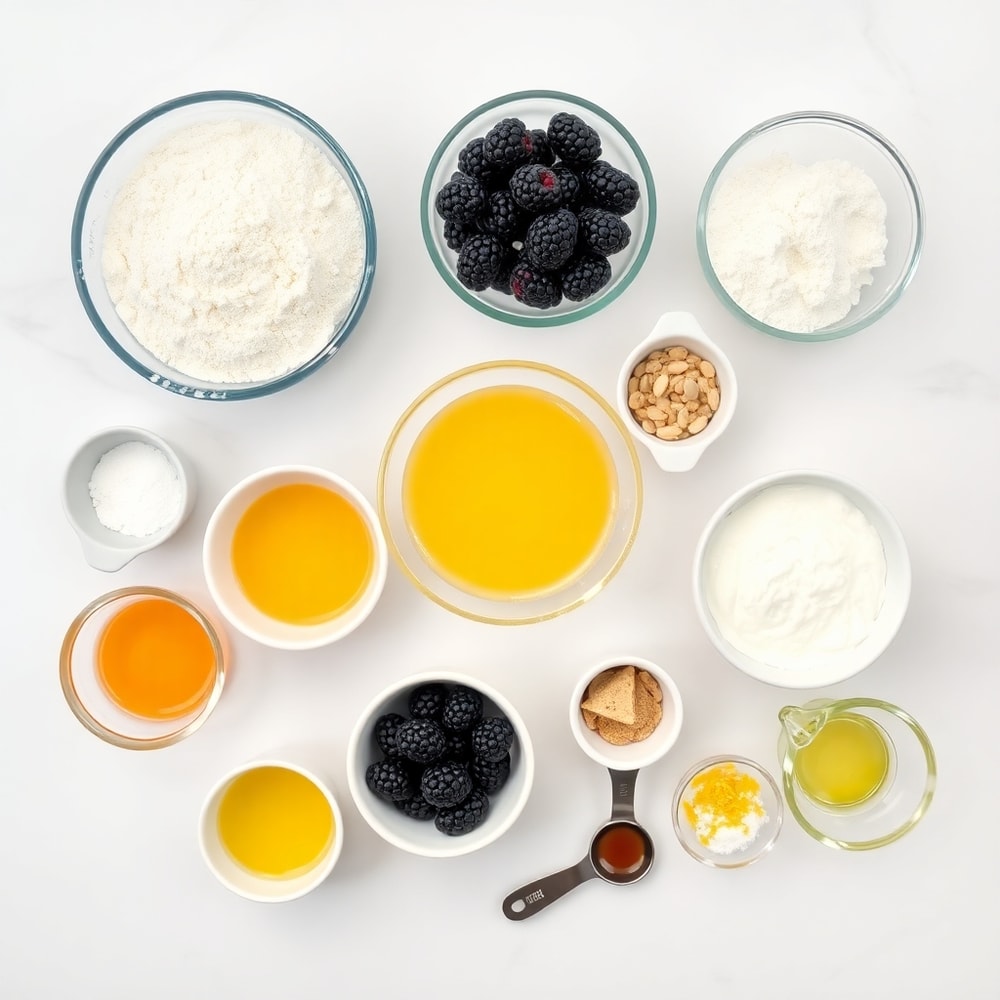 Raw ingredients for homemade blackberry muffins: flour, sugar, eggs, butter, blackberries, etc.