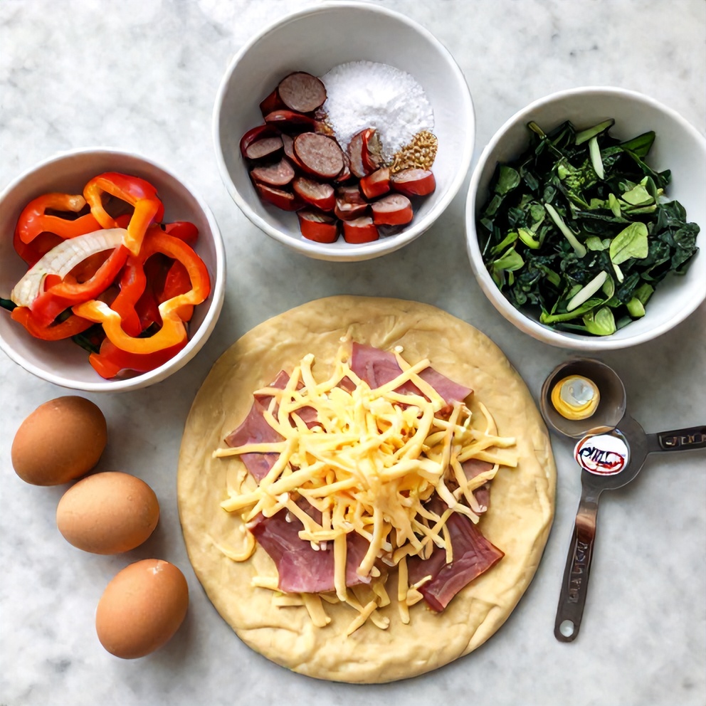 Raw ingredients for homemade breakfast hot pockets on a marble surface