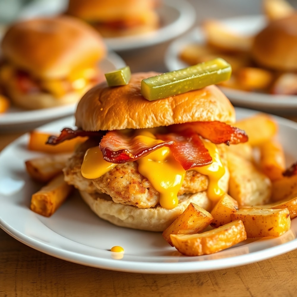 Honey Mustard BLT Chicken Sliders plated with a side of fried potatoes