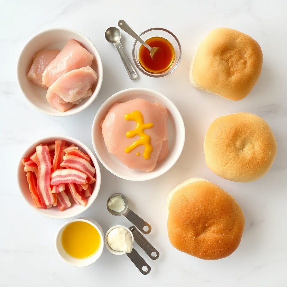 Raw ingredients for Honey Mustard BLT Chicken Sliders on a marble surface
