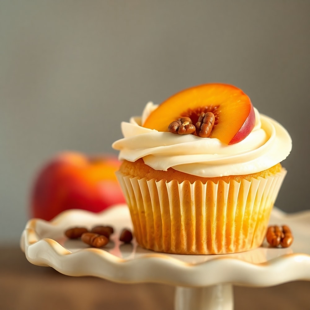 Honey Peach Cream Cheese Cupcakes beautifully plated on a vintage cake stand