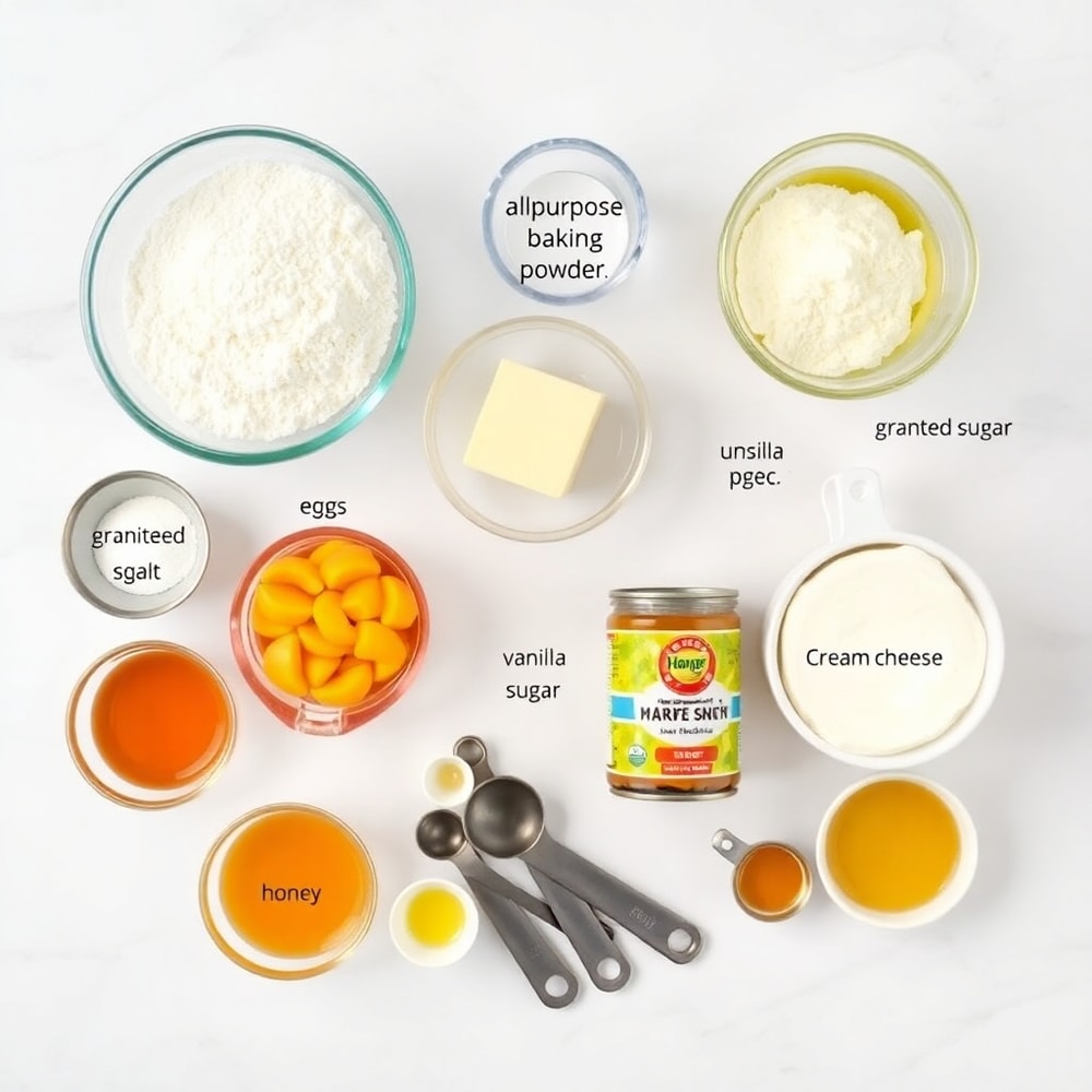 Ingredients for Honey Peach Cream Cheese Cupcakes laid out on a white marble counter