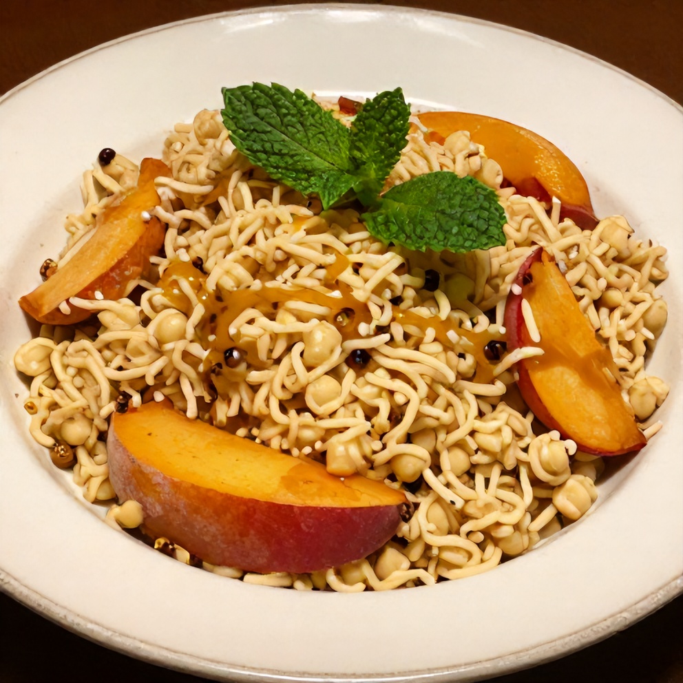 Plated Hot Honey Peach Couscous Salad with a drizzle of hot honey and fresh mint