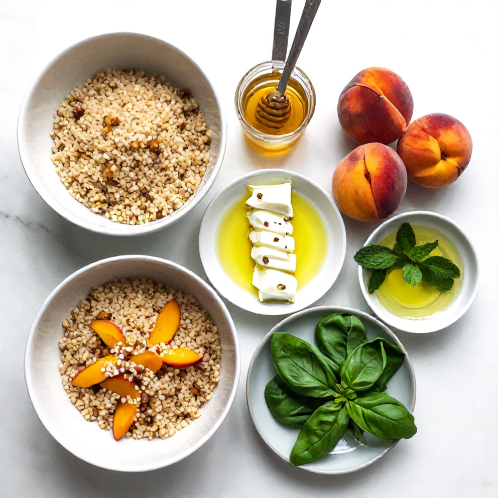 Ingredients for Hot Honey Peach Couscous Salad laid out on a wooden board