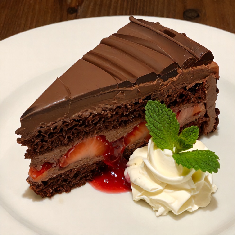 Sliced Indulgent Strawberry Chocolate Cake on a plate with a dollop of whipped cream