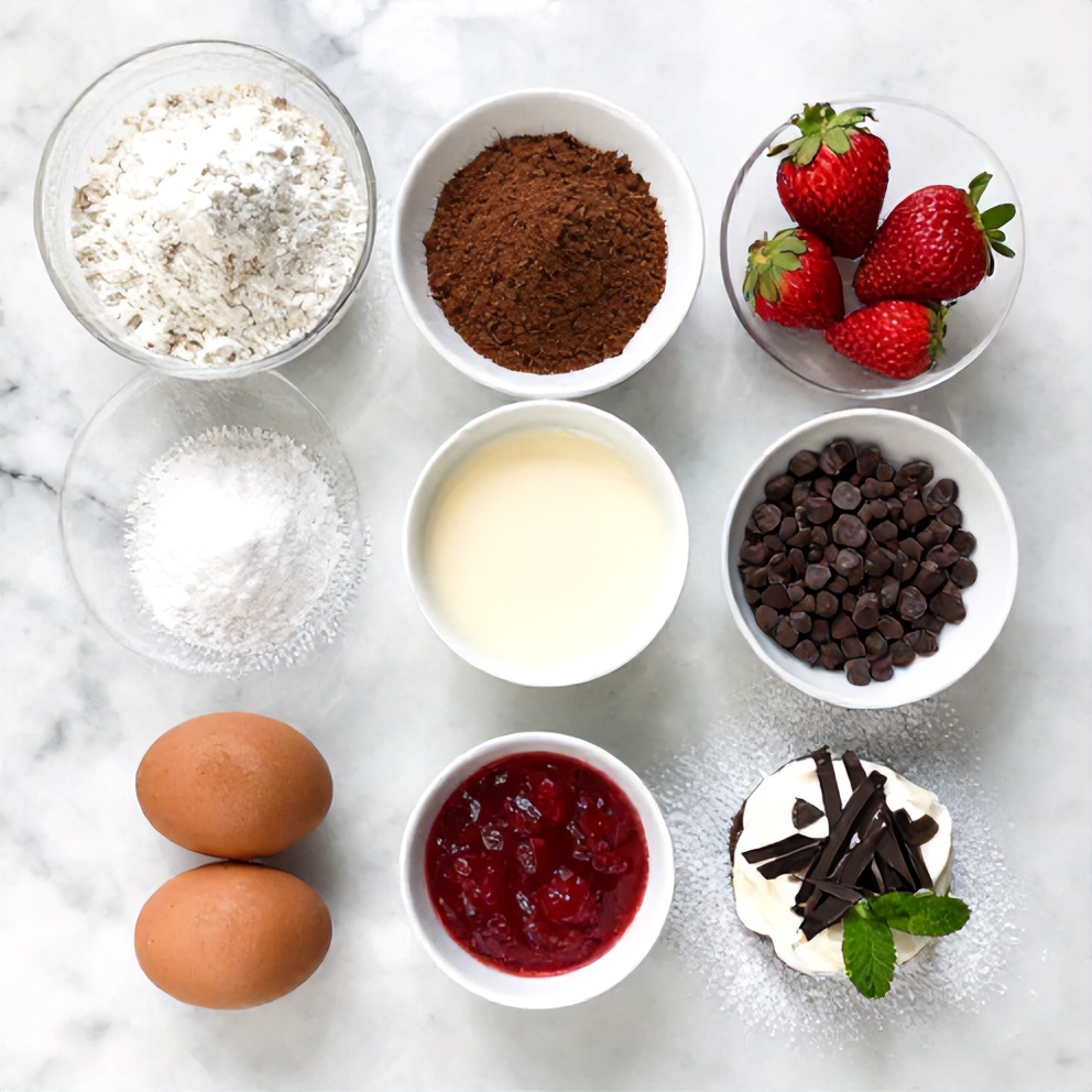 Raw ingredients for Strawberry Chocolate Cake including flour, cocoa powder, and fresh strawberries