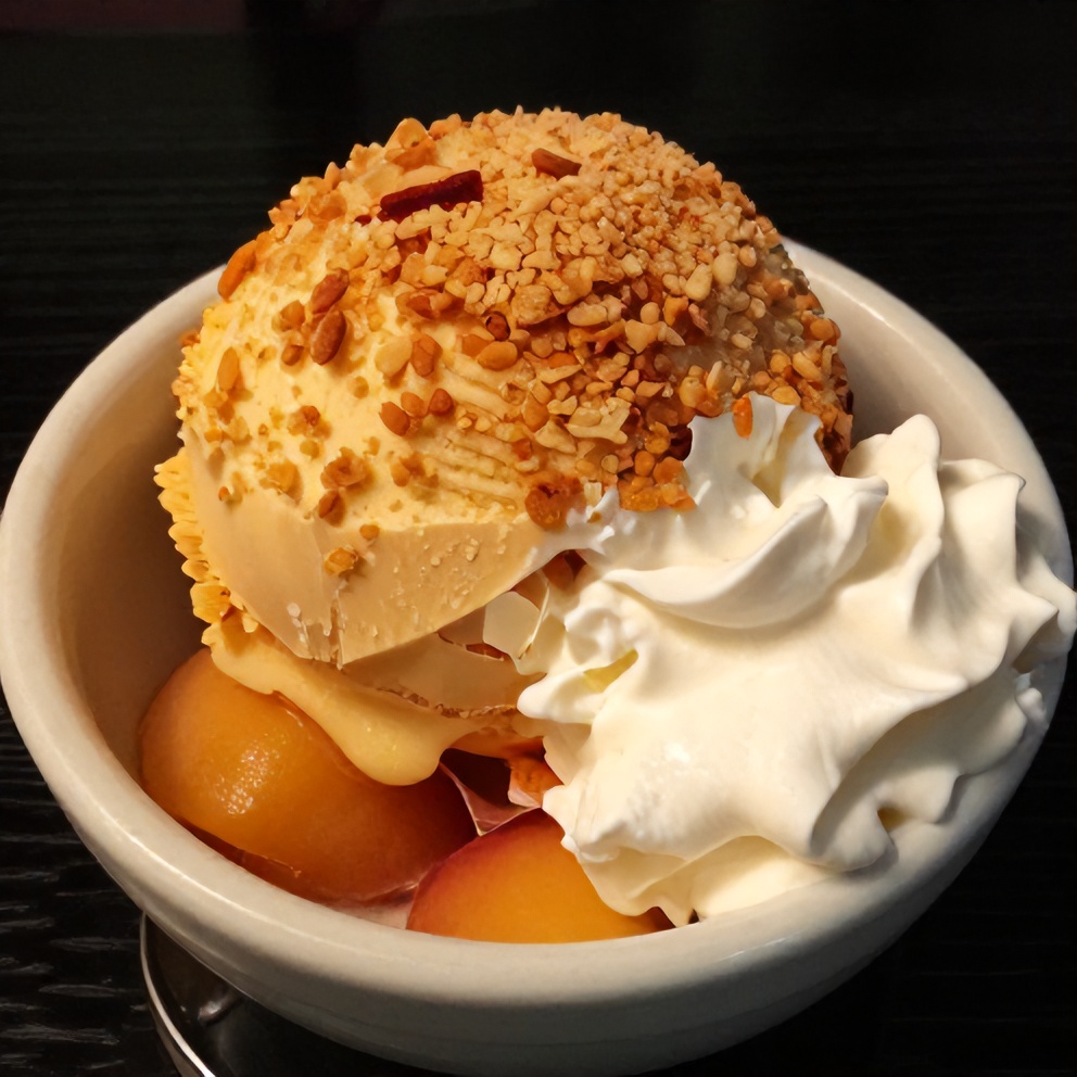 A scoop of peach cobbler served in a small bowl with a dollop of whipped cream