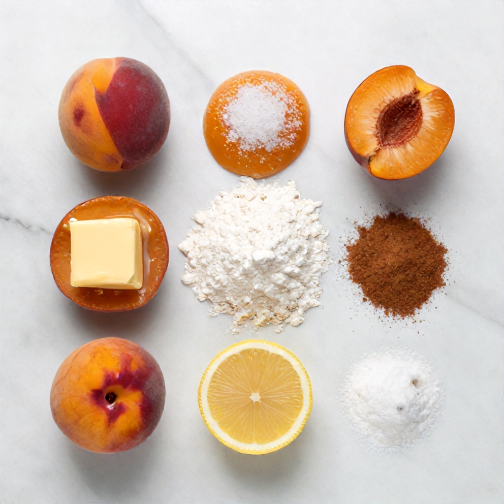 Fresh peaches, sugar, butter, and flour arranged in a flat lay