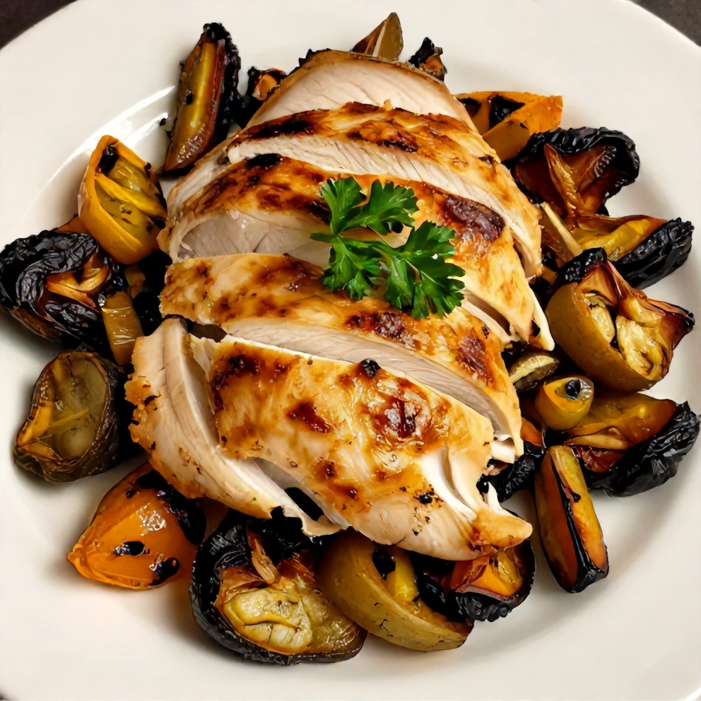 Plated baked chicken breast with roasted veggies