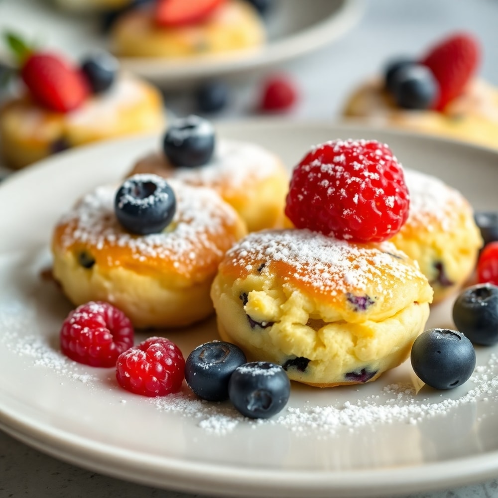 Lemon Blueberry Cottage Cheese Pancake Bites on a Plate