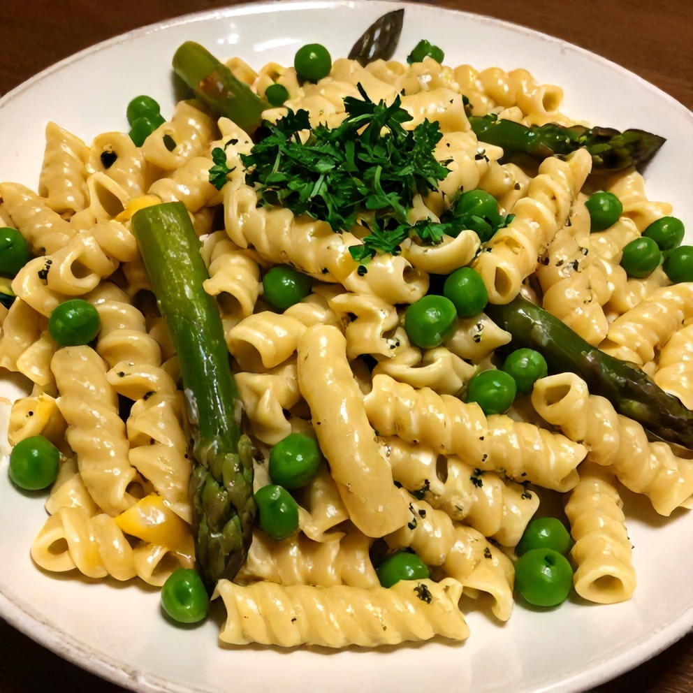 Plated serving of Lemon-Dijon Asparagus Pea Macaroni Salad with fresh parsley garnish