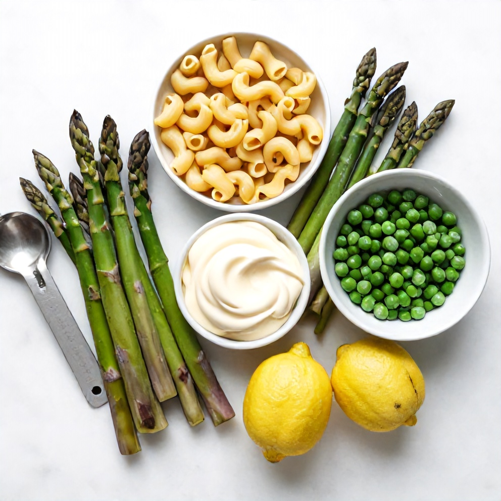 Raw ingredients for Lemon-Dijon Asparagus Pea Macaroni Salad on a white marble surface