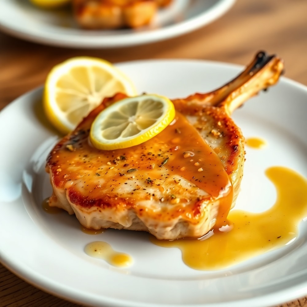 Plated Lemon Garlic Pork Chops with lemon slices