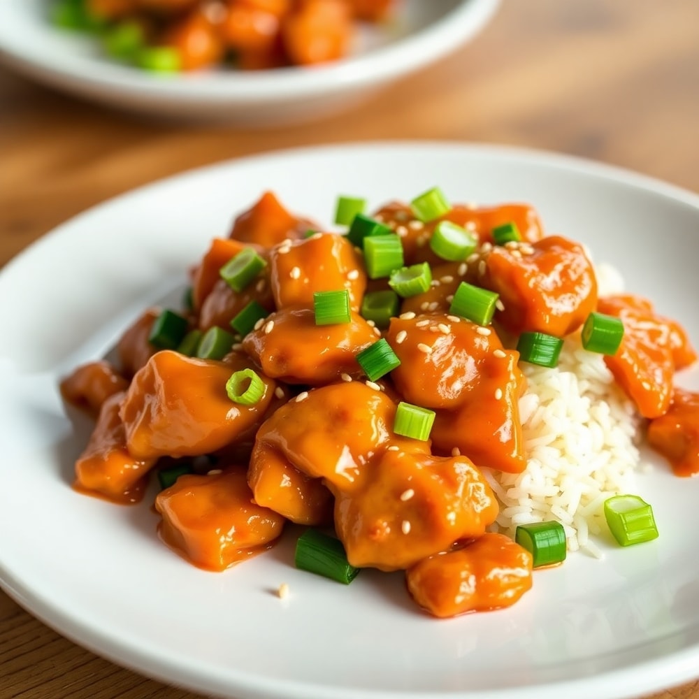 Plated Low Carb General Tso Chicken with green onions and sesame seeds