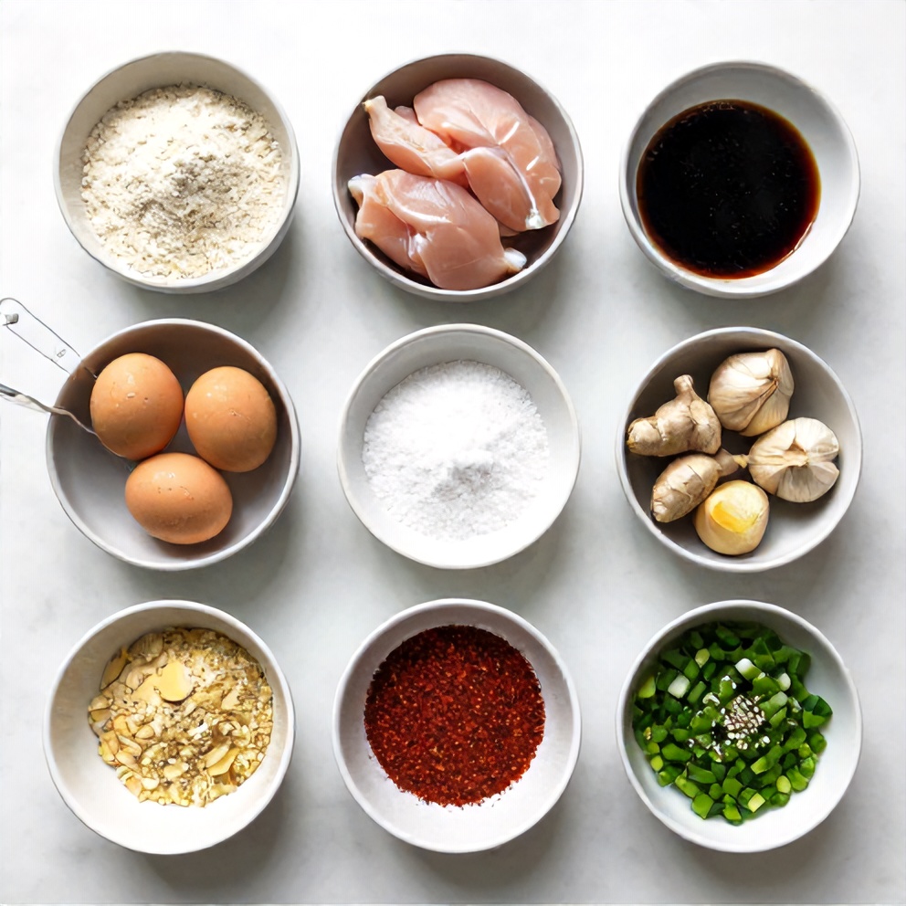 Raw ingredients for Low Carb General Tso Chicken on a white marble surface