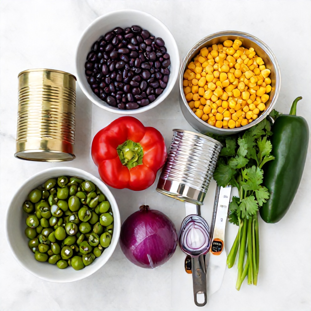 Raw ingredients for Marinated Cilantro Lime Bean Salad on a marble surface