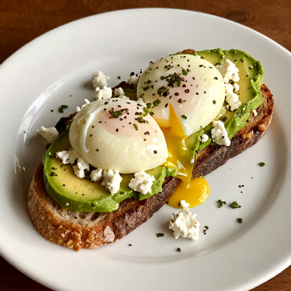Plated Mediterranean avocado toast with poached egg and feta