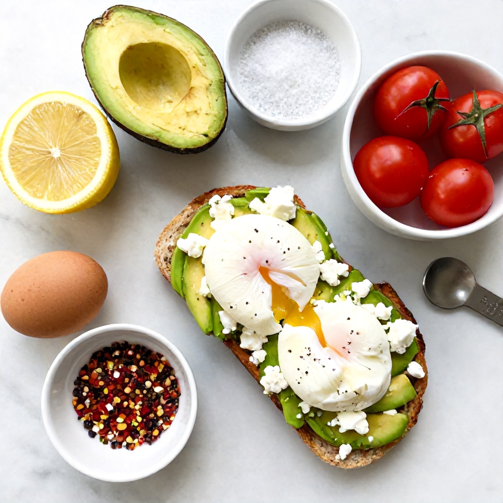 Raw ingredients for Mediterranean avocado toast with poached egg and feta