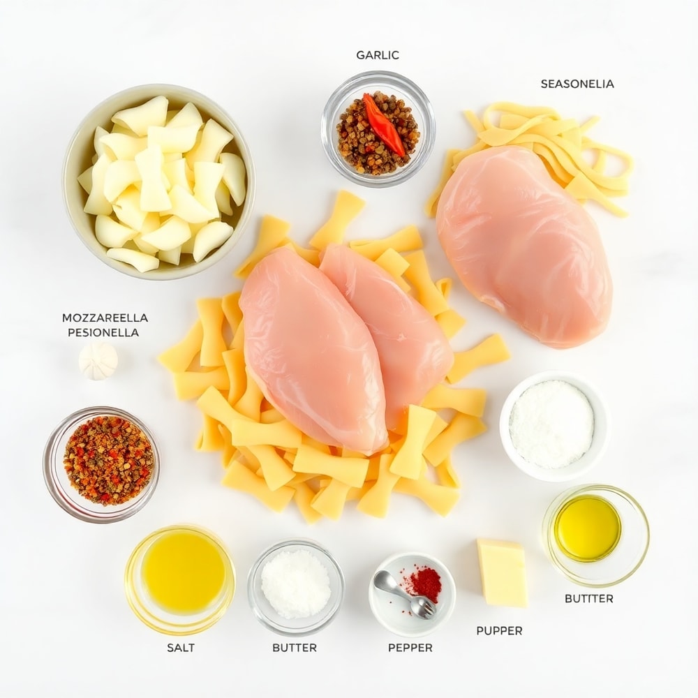 Raw ingredients for Mozzarella Garlic Butter Chicken Bowties