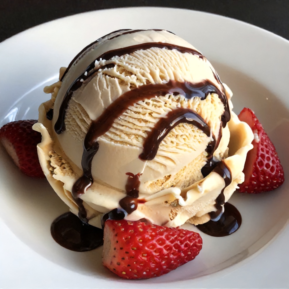 Scoop of No-Churn Neapolitan Ice Cream with chocolate syrup and fresh strawberries