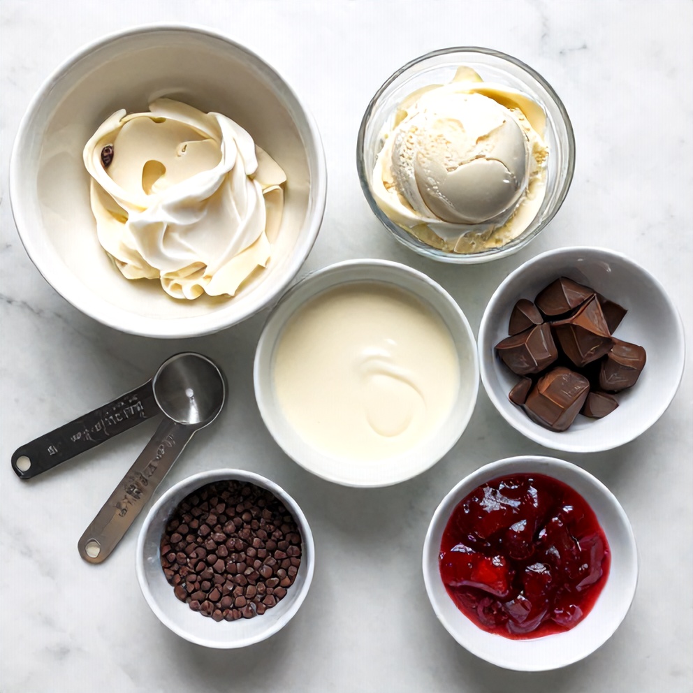 Raw ingredients for No-Churn Neapolitan Ice Cream including heavy cream, condensed milk, and chocolate chips