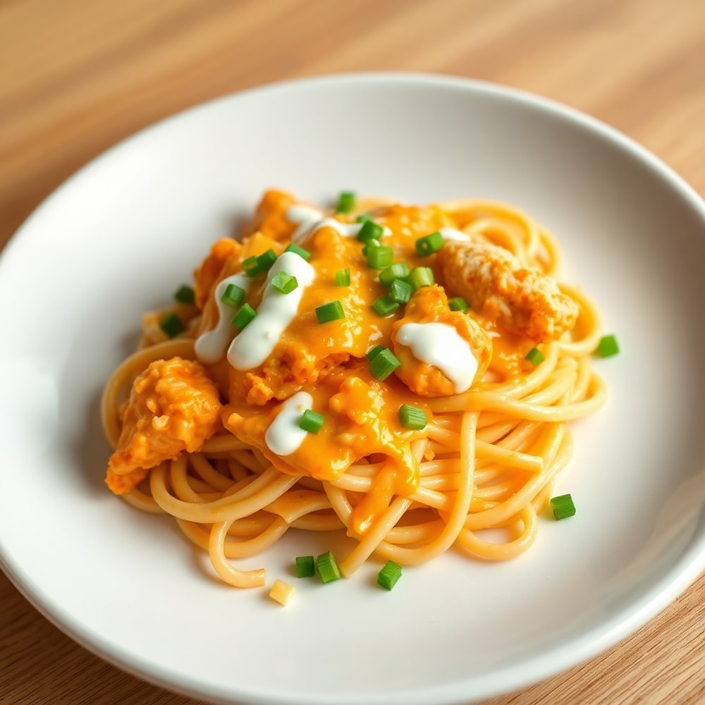 Plated serving of creamy buffalo chicken pasta