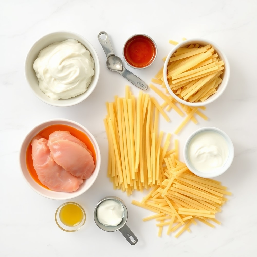 Raw ingredients for one pot buffalo chicken pasta