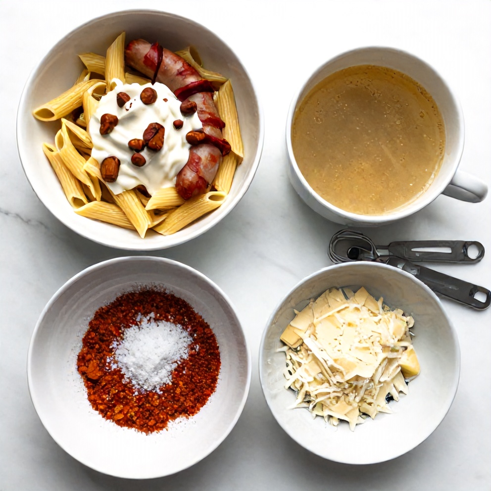 Raw ingredients for One Pot Cajun Sausage Pasta including sausage, pasta, and Cajun seasoning