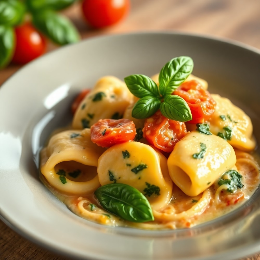 Plated creamy spinach tomato tortellini