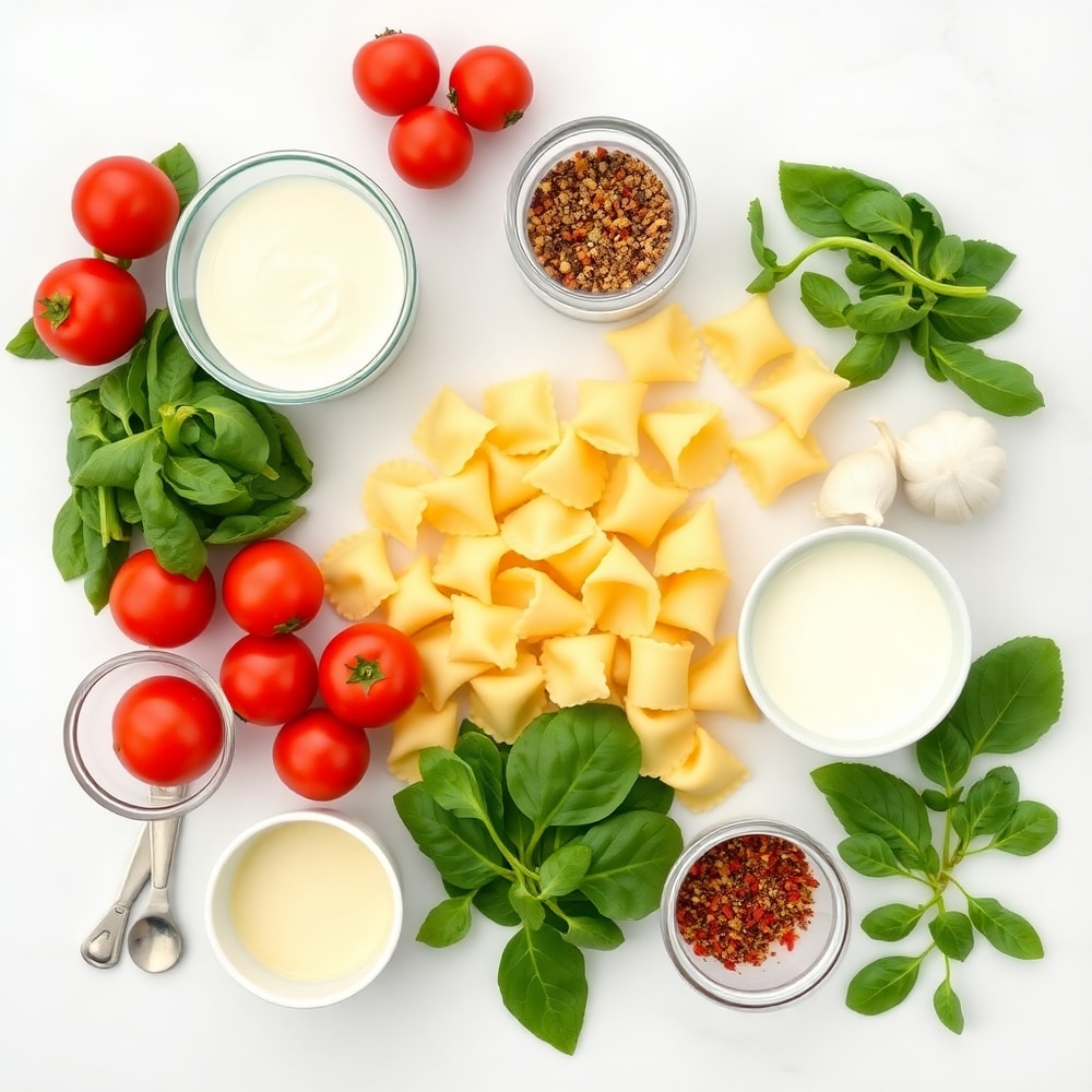 Raw ingredients for creamy spinach tomato tortellini