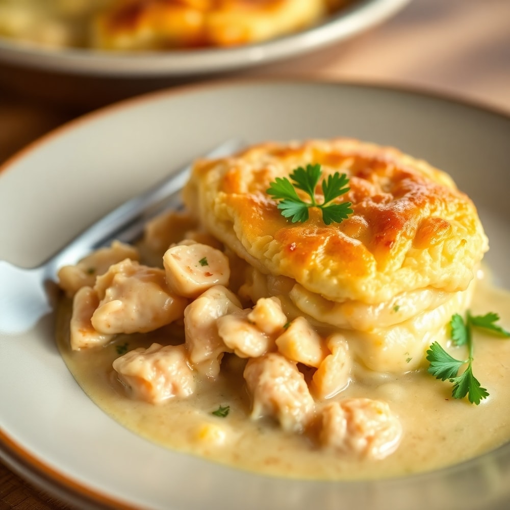 One Pot Gnocchi Chicken Pot Pie plated with fresh parsley