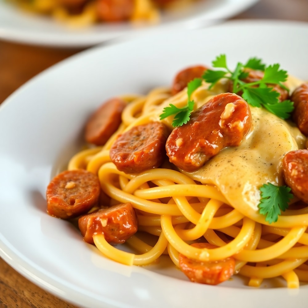 One-Pot Honey BBQ Sausage Pasta plated on a white dish, garnished with fresh parsley, showing creamy sauce and tender sausage