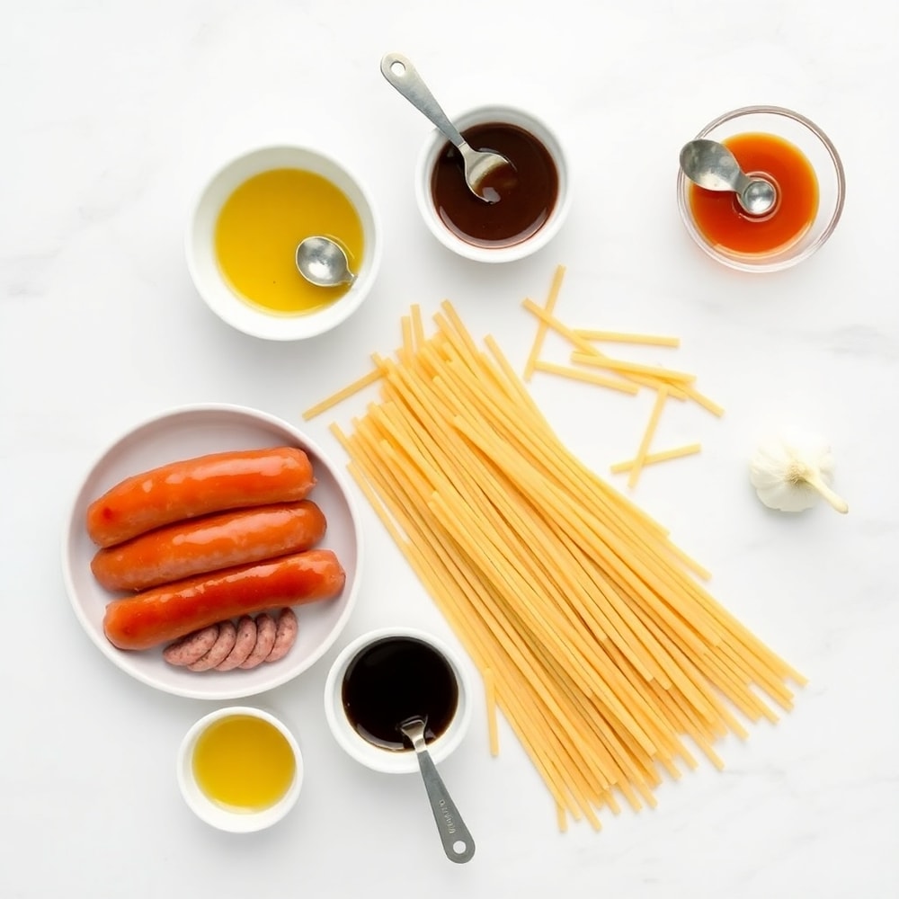 Overhead flat lay of raw ingredients for One-Pot Honey BBQ Sausage Pasta, including sausage, pasta, honey, BBQ sauce, and garlic