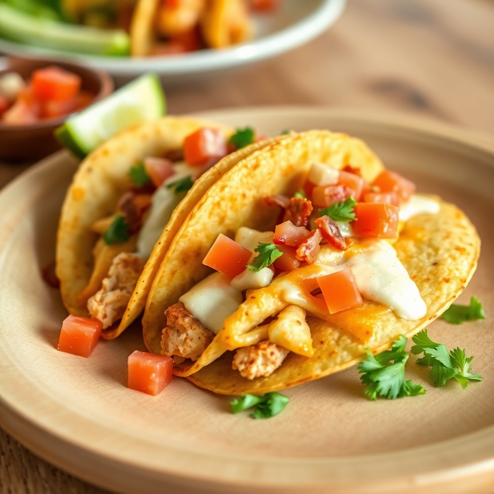 Plated serving of chicken bacon ranch tacos on a light wooden plate