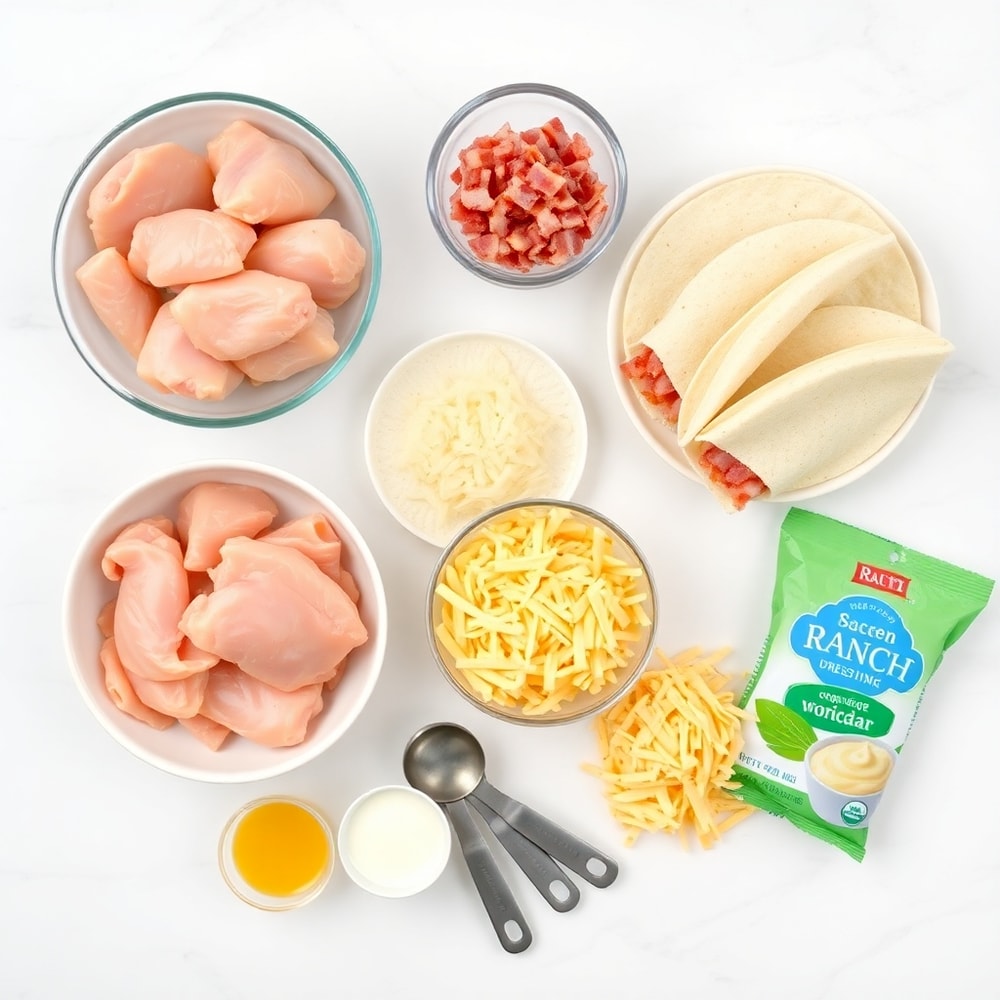 Raw ingredients for chicken bacon ranch tacos on a white marble surface