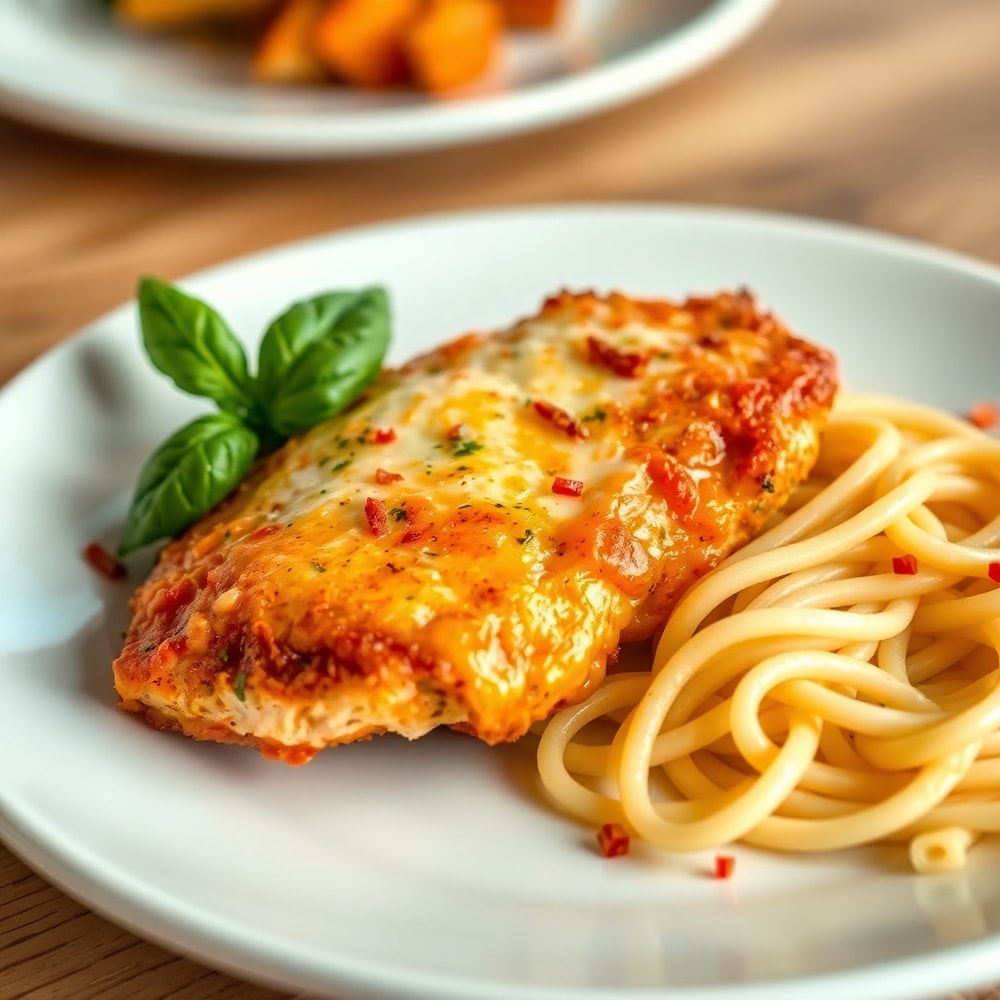 Plated serving of crispy oven-baked chicken parmesan with side of pasta