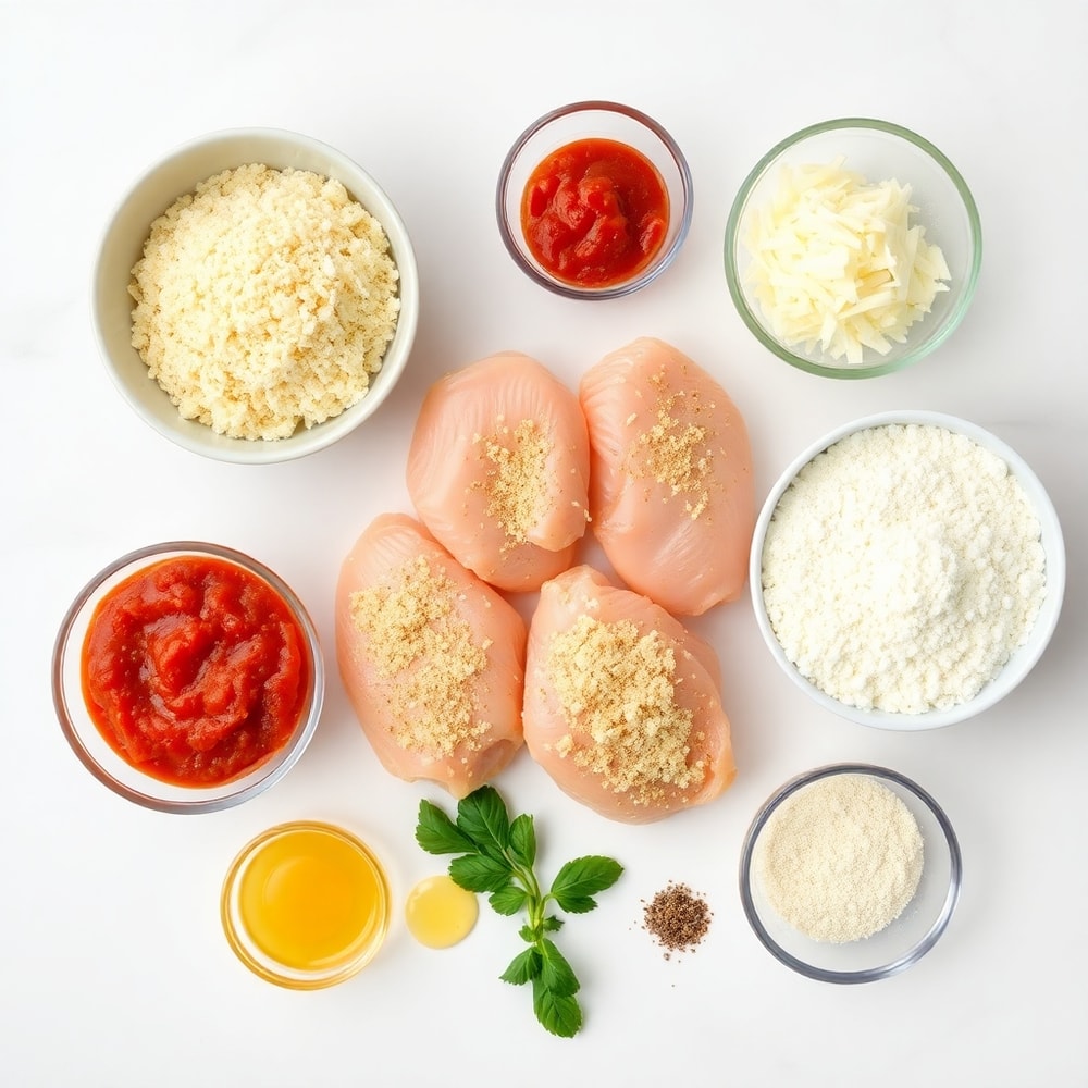 Raw ingredients for oven-baked chicken parmesan: chicken breasts, breadcrumbs, parmesan, marinara, mozzarella, eggs, flour, salt, pepper, and Italian seasoning
