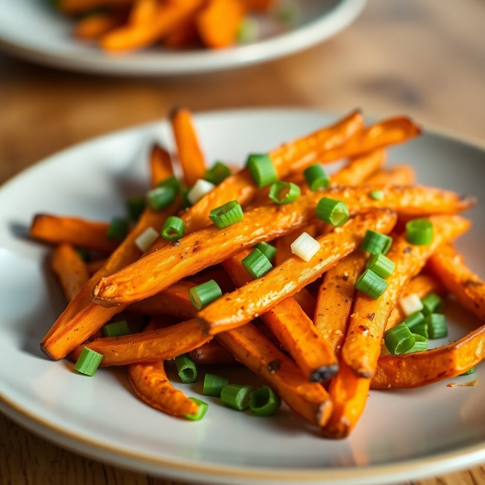 Plated serving of crispy oven baked sweet potato fries with green onions