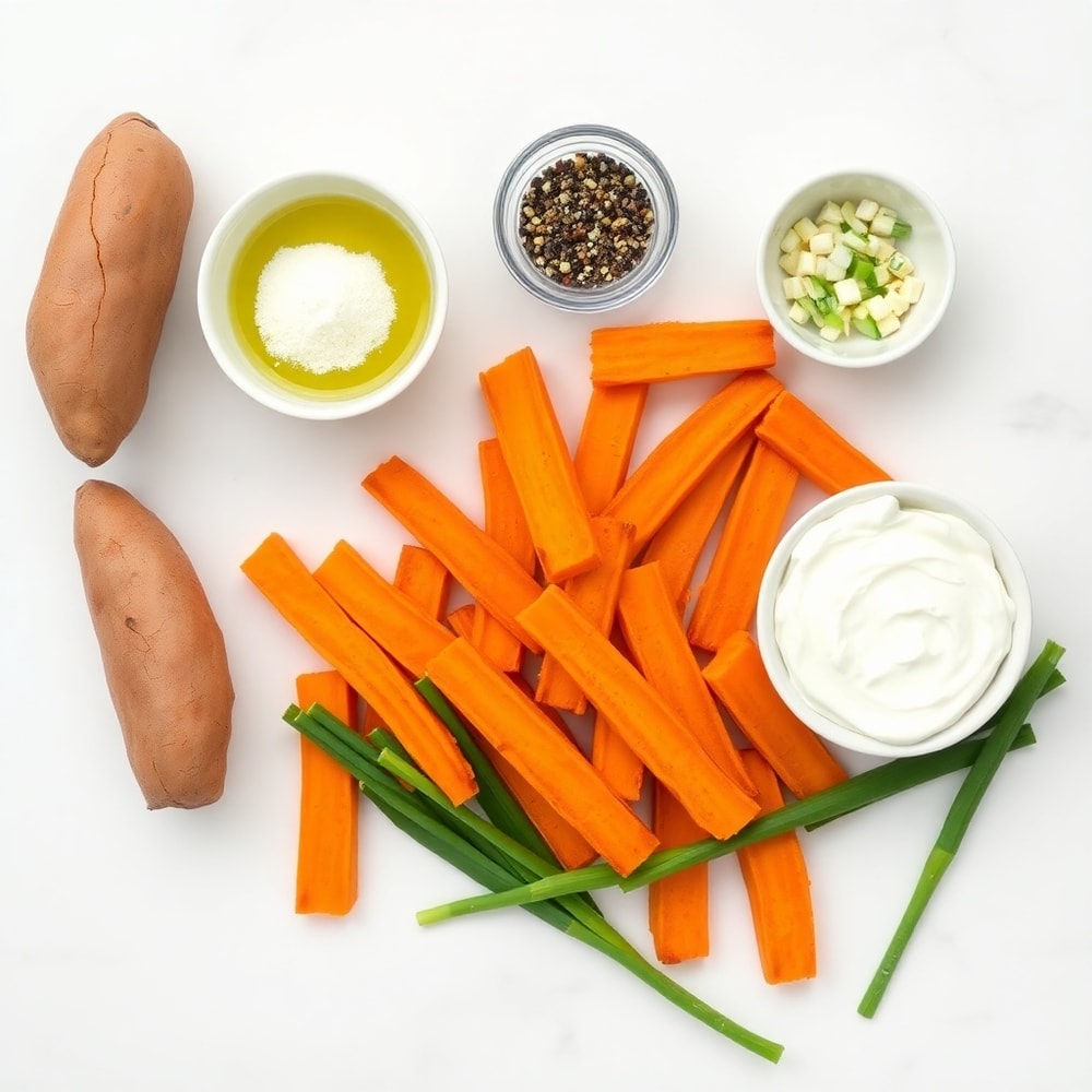Raw ingredients for oven baked sweet potato fries on a white marble surface