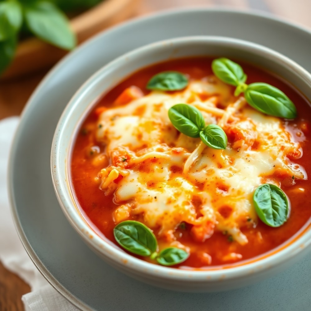 Paleo Pizza Soup served in a bowl, topped with melted cheese and fresh basil