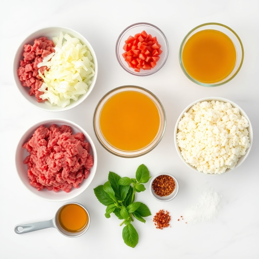 Paleo Pizza Soup ingredients - ground beef, diced tomatoes, cauliflower rice, coconut milk, spices, and toppings