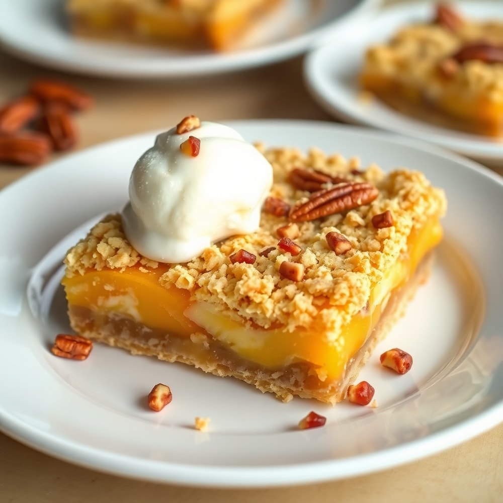 Plated Peaches and Cream Crumble Bars on a white plate
