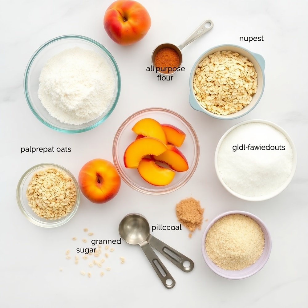 Raw ingredients for Peaches and Cream Crumble Bars on a white marble surface
