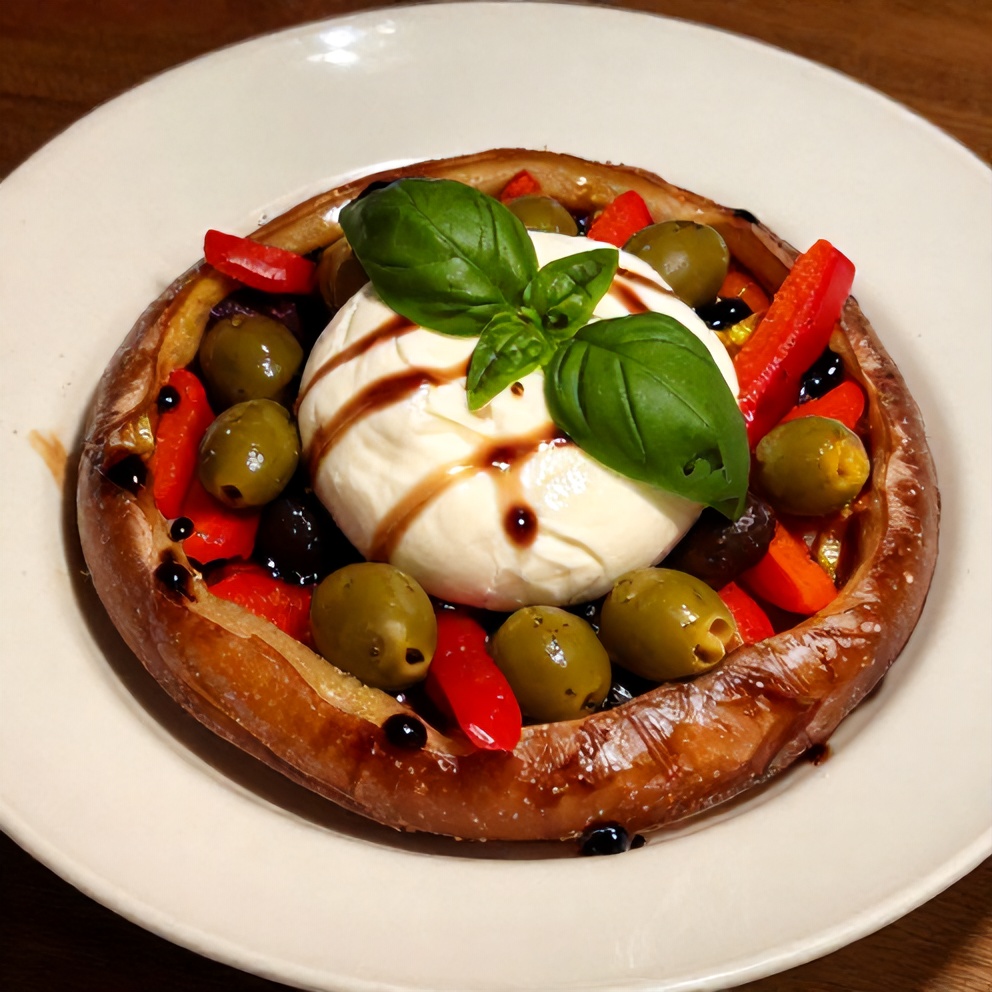 Plated Pepper Panzanella with Burrata & Olives on a white plate