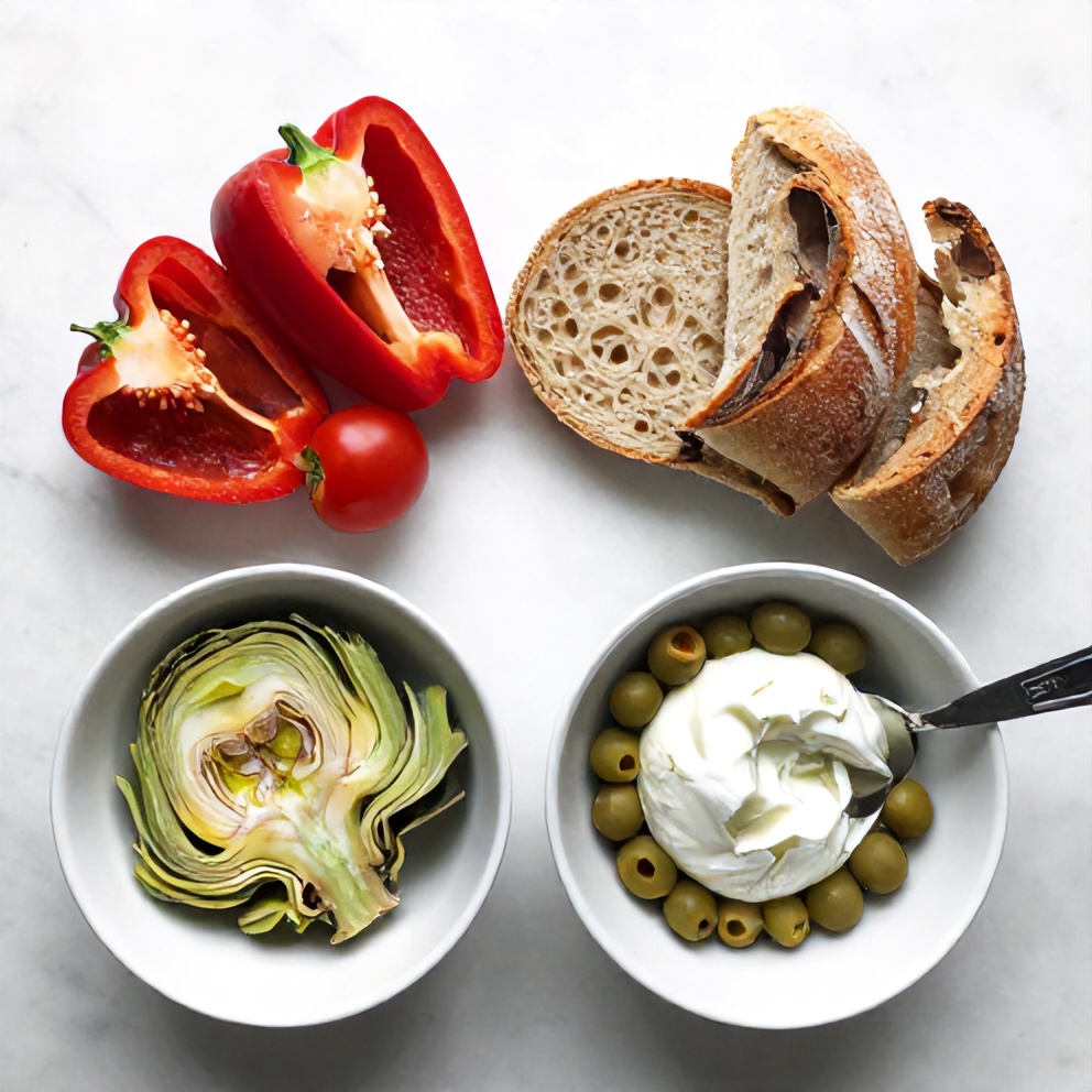 Raw ingredients for Pepper Panzanella with Burrata & Olives on a marble surface